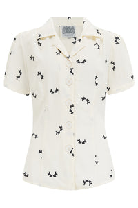 "Grace" Blouse in Cream Doggy Print, Classic 1940s Vintage Style