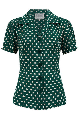 "Grace" Blouse in Green Polka Print, Authentic & Classic 1940s Vintage Style