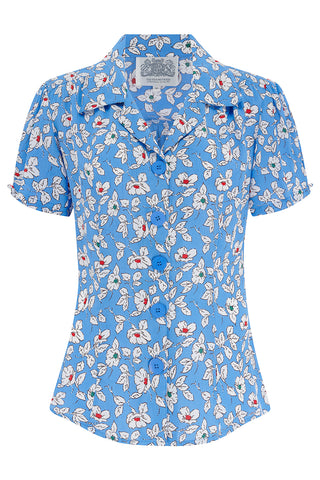 "Grace" Blouse in Palace Blue Pansy Print, Authentic & Classic 1940s Vintage Style