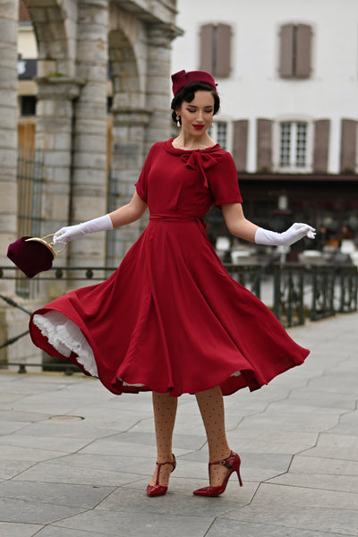 Cindy Dress in Wine by The Seamstress Of Bloomsbury, Classic 1940s Vintage Inspired Style