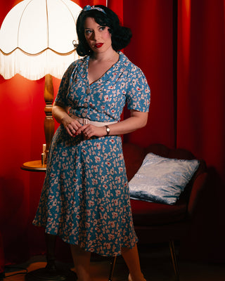 "Lisa" Shirt Dress in Palace Blue Pansy Print, Authentic 1940s Vintage Style Tea Dress at its Best By The Seamstress of Bloomsbury