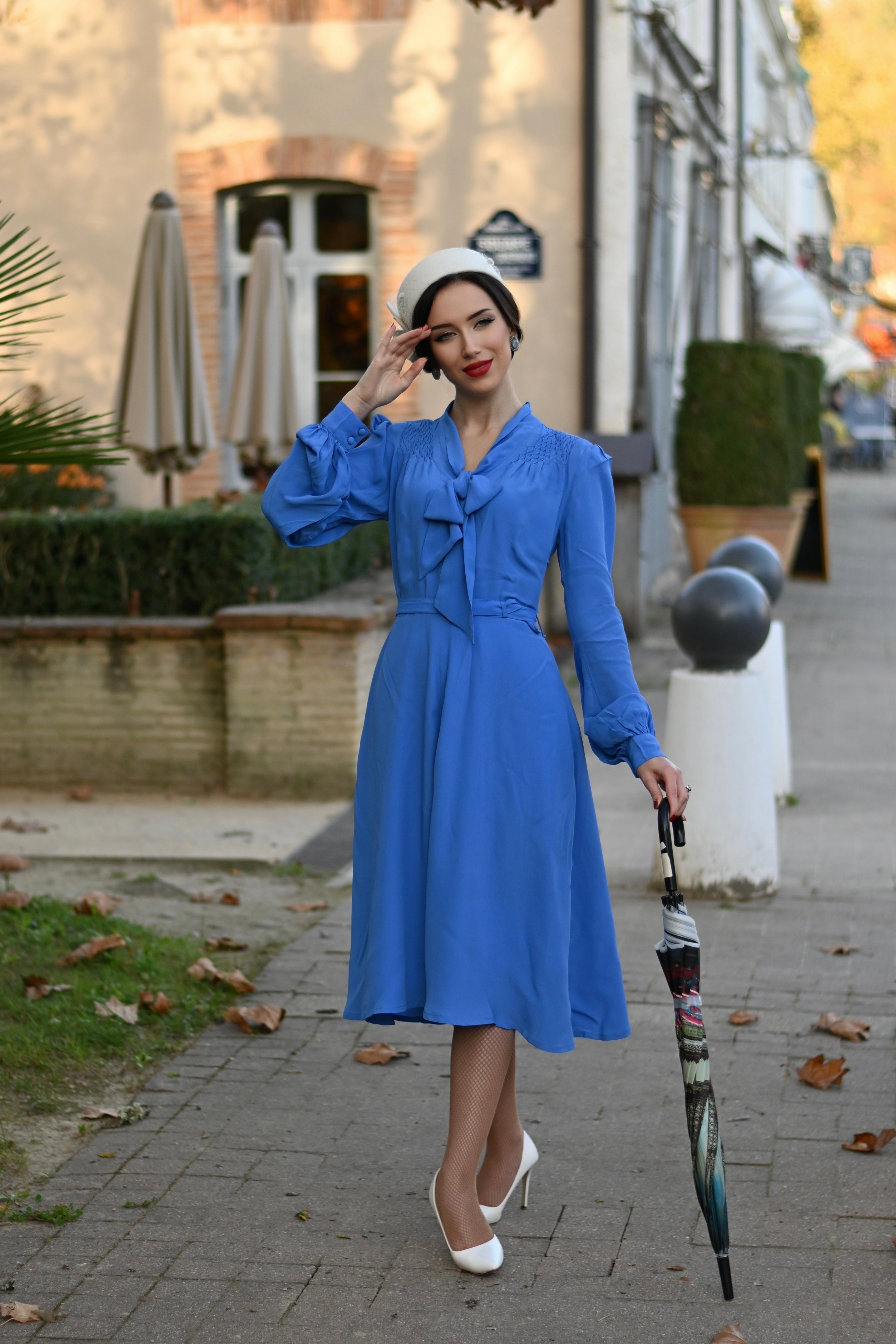 Eva Dress Palace Blue | Women's 1940s Style Pussy Bow Dress Palace Blue / 14 Eva Dress Palace Blue | Women's 1940s Style Pussy Bow Dress Palace Blue / 14