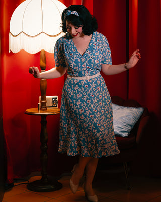"Lisa" Shirt Dress in Palace Blue Pansy Print, Authentic 1940s Vintage Style Tea Dress at its Best By The Seamstress of Bloomsbury