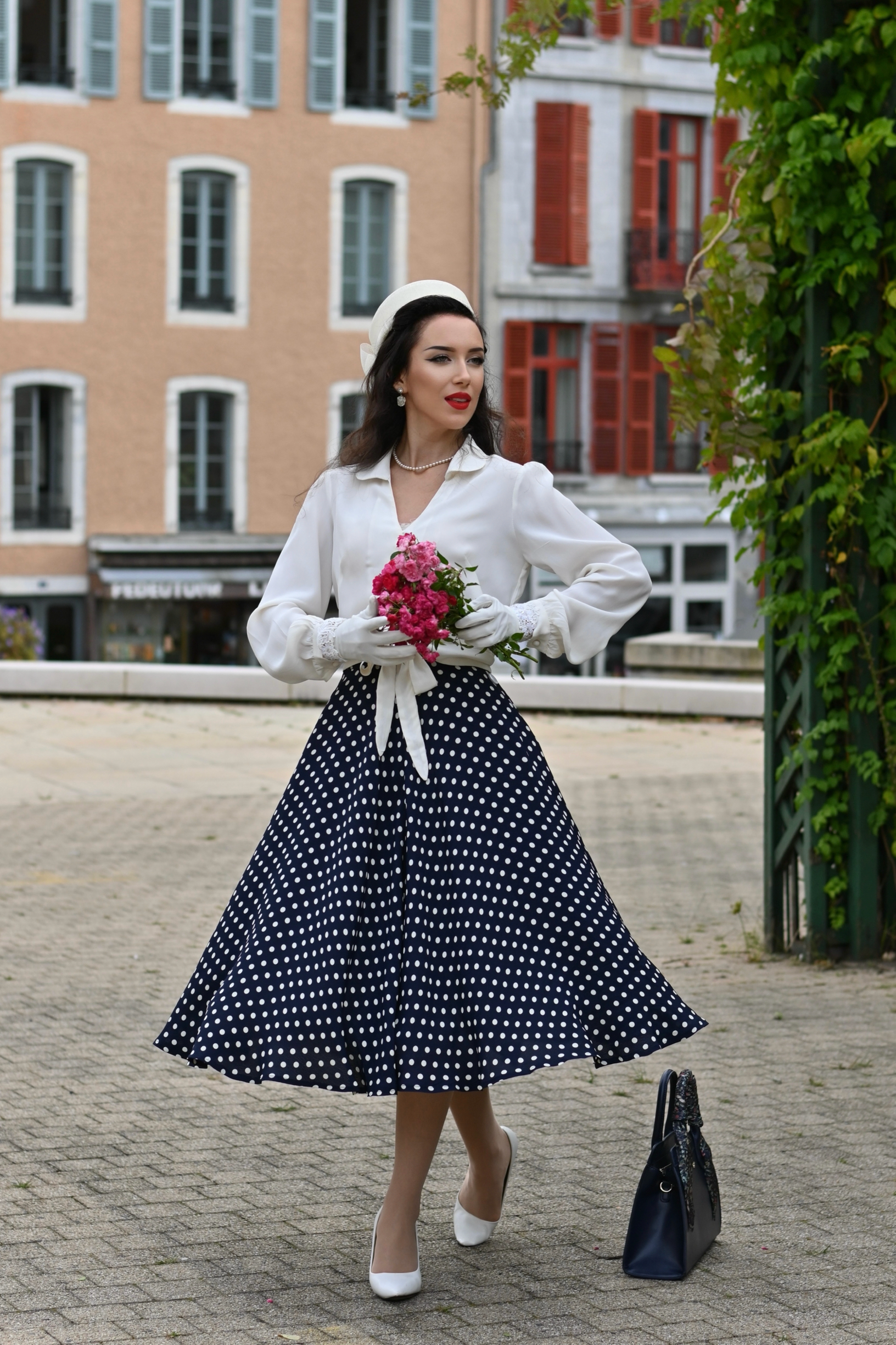 Isabelle Skirt in Navy with white polka Classic Authentic 1940s Vintage Inspired Style