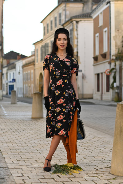 "Peggy" Wrap Dress in Black with Mayflower Print, Classic 1940s Vintage Inspired