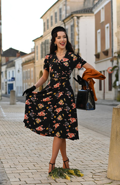 "Peggy" Wrap Dress in Black with Mayflower Print, Classic 1940s Vintage Inspired
