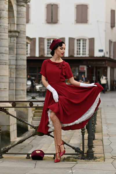 Cindy Dress in Wine by The Seamstress Of Bloomsbury, Classic 1940s Vintage Inspired Style