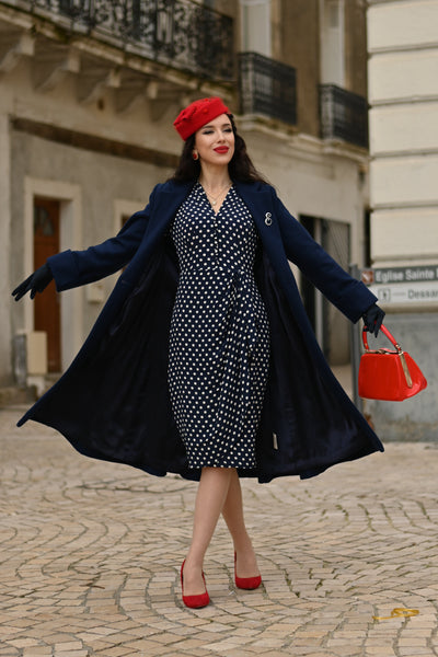 "Mabel" 3/4 Sleeve Dress in Navy Polka , A Classic 1940s Inspired Vintage Style
