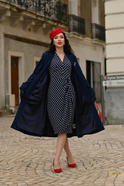 The Elizabeth Coat in Navy, 100% Wool & Satin Lined. A Classic Fitted 1940s Styled Overcoat