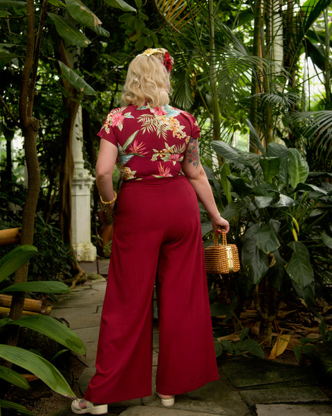 The "Sophia" Palazzo Wide Leg Trousers in Wine, Easy To Wear Vintage Inspired Style