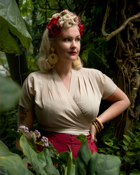 The "Darla" Short Sleeve Wrap Blouse in Stone, True Vintage Style
