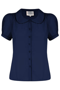 "Jive" Short Sleeve Blouse in French Navy, Classic 1940s Vintage Style