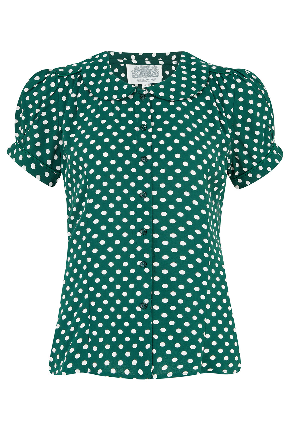 "Jive" Short Sleeve Blouse in Green With Polka Dot Spot, Classic 1940s Vintage Style