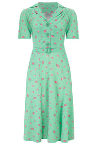 "Lisa Fit & Flare" Tea Dress in Mint Rose Print, Authentic 1940s Vintage Style