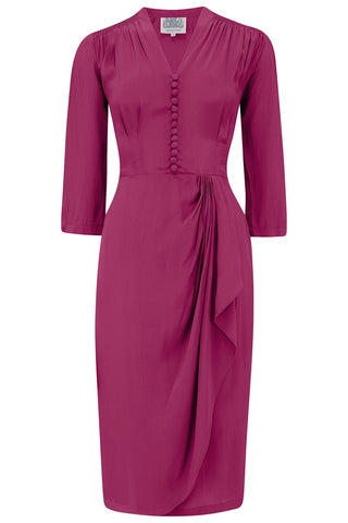 "Mabel" 3/4 Length Sleeve Waterfall Dress in Mulberry, A Classic 1940s Inspired Vintage Style