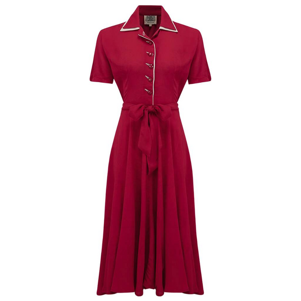 "Mae" Tea Dress in Wine with Cream Contrasts, Classic 1940s True Vintage Style