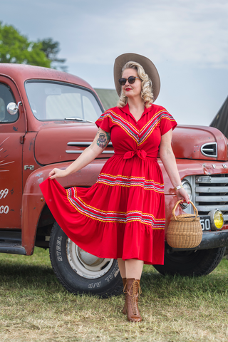 The Western 2pc Patio Set (Blouse & Skirt) In Red, True 1950s Vintage Style