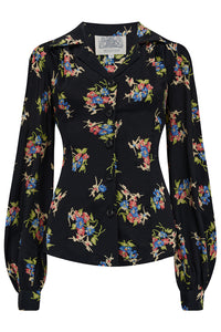 Poppy Long Sleeve Blouse in Black Floral Dancer, Authentic & Classic 1940s Vintage Style