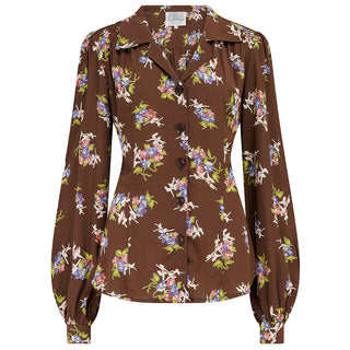 Poppy Long Sleeve Blouse in Brown Floral Dancer , Authentic & Classic 1940s Vintage Style, By The Seamstress of Bloomsbury