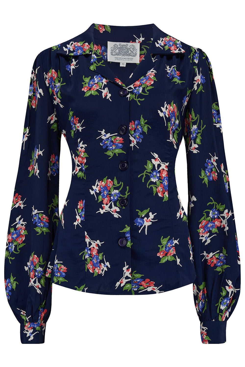 Poppy Long Sleeve Blouse in Navy Floral Dancer, Authentic & Classic 1940s Vintage Style