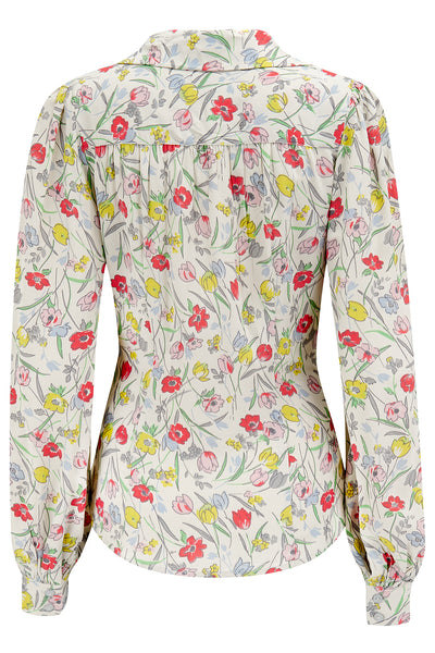 Poppy Long Sleeve Blouse in Georgette - Poppy Print  , Authentic & Classic 1940s Vintage Style