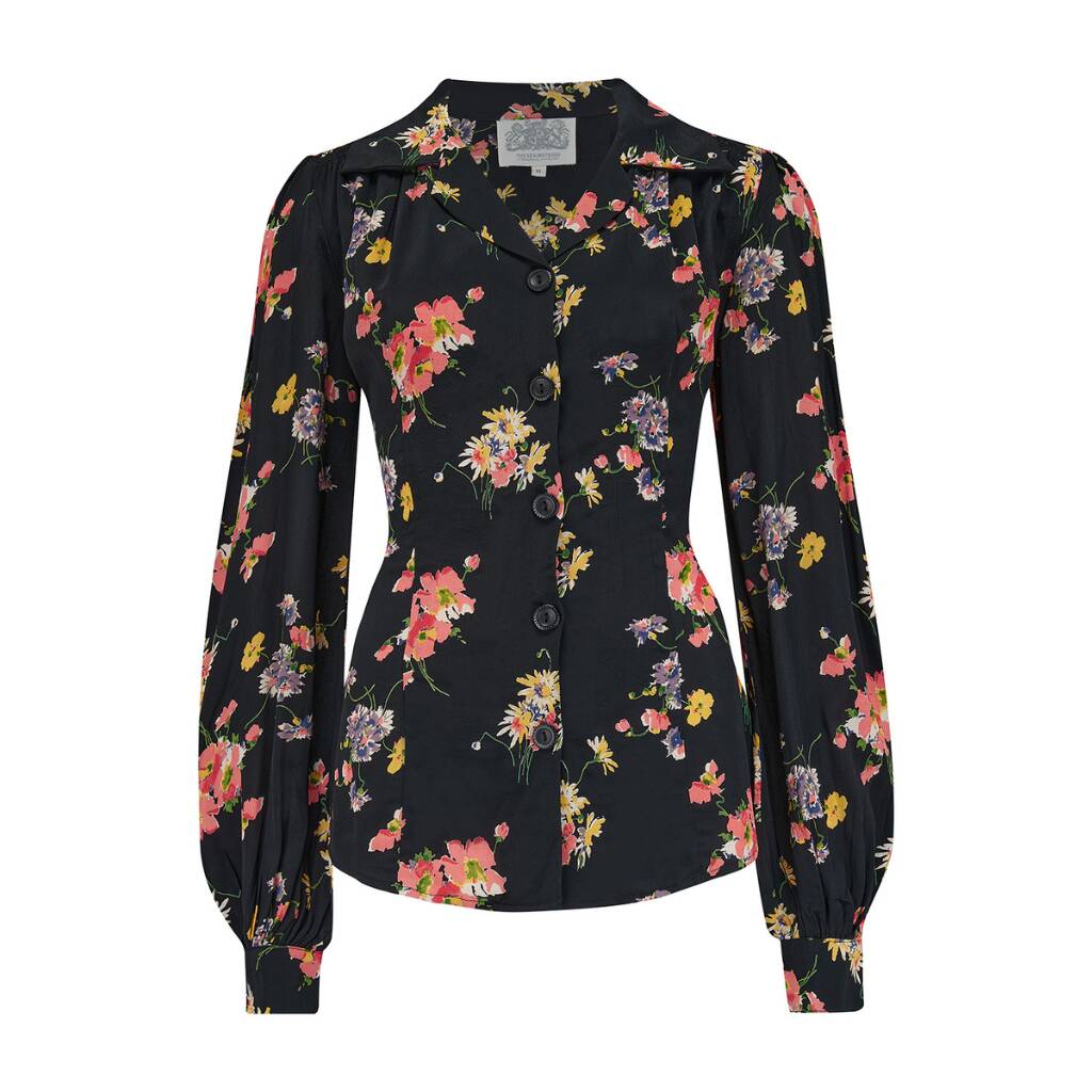 Poppy Long Sleeve Blouse in Black Mayflower , Authentic & Classic 1940s Vintage Style
