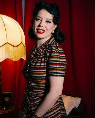 **Limited Edition** Charlene Shirtwaister Dress in Black Multi Stripe 100% Cotton, True 1950s Vintage Style