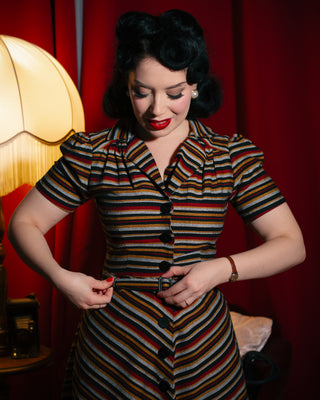 **Limited Edition** Charlene Shirtwaister Dress in Black Multi Stripe 100% Cotton, True 1950s Vintage Style