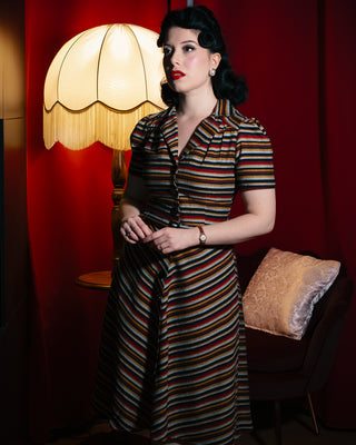 **Limited Edition** Charlene Shirtwaister Dress in Black Multi Stripe 100% Cotton, True 1950s Vintage Style