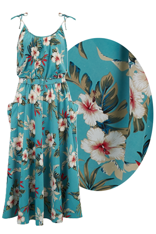**Sample Sale** The "Suzy" Sun Dress in Teal Hawaiian Print, Easy To Wear True Tiki Style From The 50s - RocknRomance True 1940s & 1950s Vintage Style