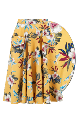 **Sample Sale** The "Swing Skirt" with Pockets in Mustard Hawaiian Print, True 1950s Tiki Vintage Style - True and authentic vintage style clothing, inspired by the Classic styles of CC41 , WW2 and the fun 1950s RocknRoll era, for everyday wear plus events like Goodwood Revival, Twinwood Festival and Viva Las Vegas Rockabilly Weekend Rock n Romance Rock n Romance
