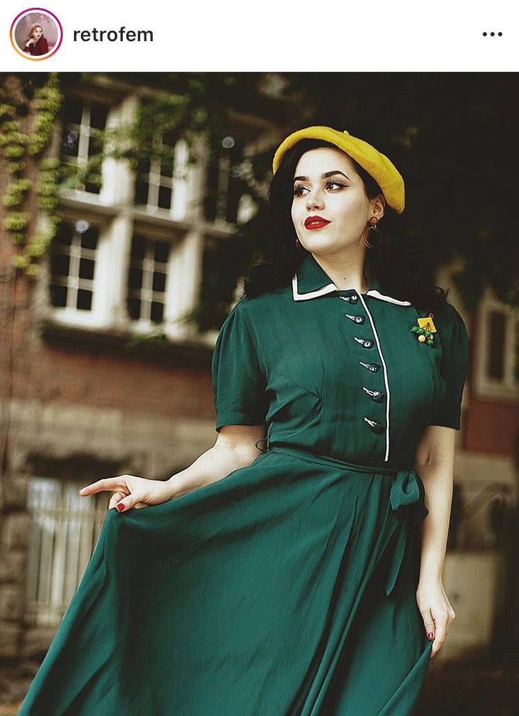 "Mae" Tea Dress in Green with Cream Contrasts, Classic 1940s Inspired Vintage Style "Mae" Tea Dress in Green with Cream Contrasts, Classic 1940s Inspired Vintage Style
