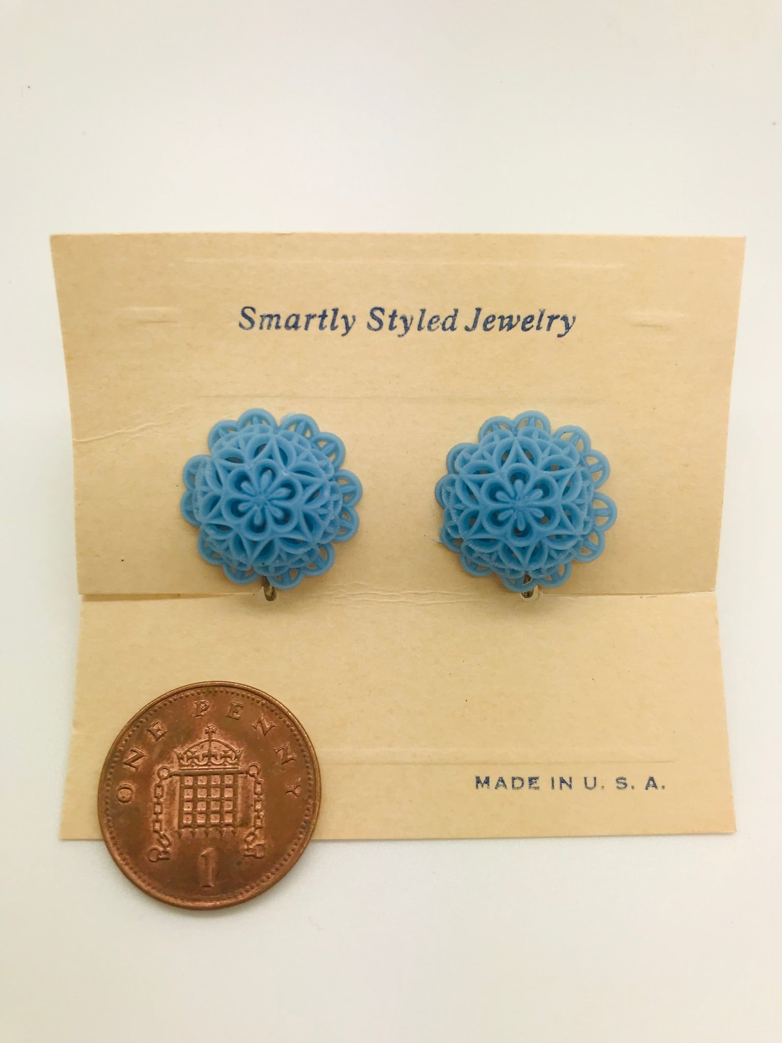 Authentic Vintage 1940s-50s Screw Back Dome Earrings in Blue Floral Lace Acrylic Resin by The Schein Brothers - CC41, Goodwood Revival, Twinwood Festival, Viva Las Vegas Rockabilly Weekend Rock n Romance Rock n Romance