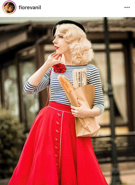 "Rita" Swing Skirt in Red with Ivory Detailing, Classic 1940s Vintage Style - True and authentic vintage style clothing, inspired by the Classic styles of CC41 , WW2 and the fun 1950s RocknRoll era, for everyday wear plus events like Goodwood Revival, Twinwood Festival and Viva Las Vegas Rockabilly Weekend Rock n Romance The Seamstress of Bloomsbury