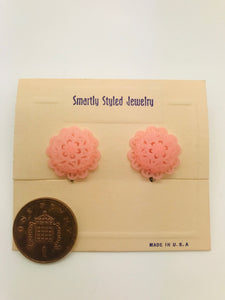 Authentic Vintage 1940s-50s Screw Back Dome Earrings in Pink Floral Lace Acrylic Resin by Schein Brothers - True and authentic vintage style clothing, inspired by the Classic styles of CC41 , WW2 and the fun 1950s RocknRoll era, for everyday wear plus events like Goodwood Revival, Twinwood Festival and Viva Las Vegas Rockabilly Weekend Rock n Romance Rock n Romance