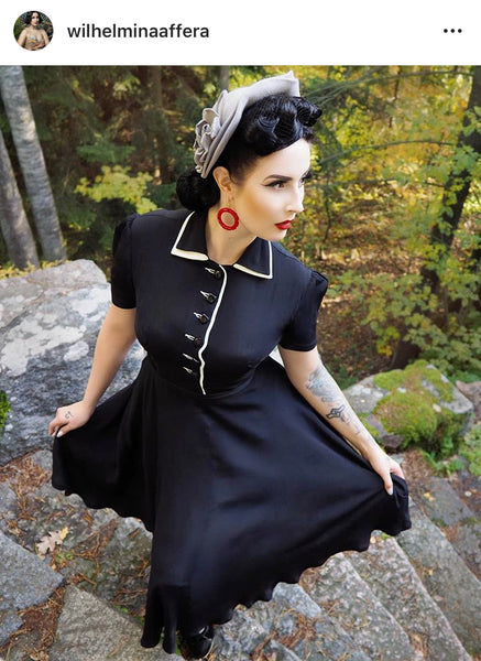 "Mae" Tea Dress in Black with Cream Contrasts, Classic 1940s Vintage Style - True and authentic vintage style clothing, inspired by the Classic styles of CC41 , WW2 and the fun 1950s RocknRoll era, for everyday wear plus events like Goodwood Revival, Twinwood Festival and Viva Las Vegas Rockabilly Weekend Rock n Romance The Seamstress of Bloomsbury