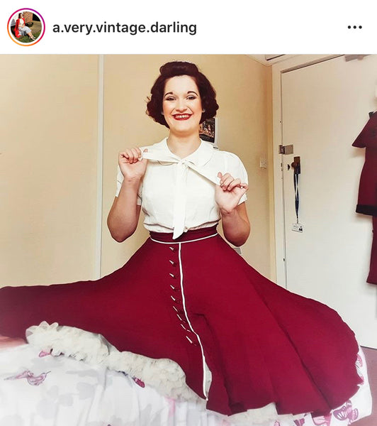 1940s Style "Rita" Swing Skirt in Wine with Ivory Detailing, Classic 1940s Style - CC41, Goodwood Revival, Twinwood Festival, Viva Las Vegas Rockabilly Weekend Rock n Romance The Seamstress Of Bloomsbury