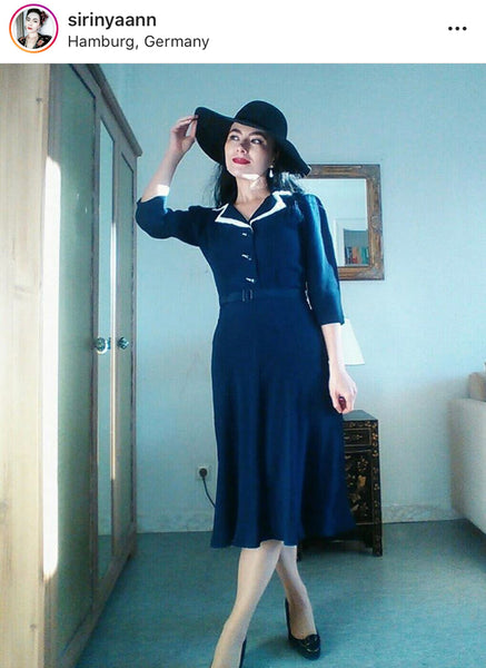 Long sleeve Lisa - Mae Dress in Navy with contrast under collar, Authentic 1940s Vintage Style at its Best - True and authentic vintage style clothing, inspired by the Classic styles of CC41 , WW2 and the fun 1950s RocknRoll era, for everyday wear plus events like Goodwood Revival, Twinwood Festival and Viva Las Vegas Rockabilly Weekend Rock n Romance The Seamstress Of Bloomsbury