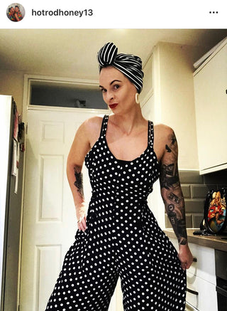 "Charlotte" Jump Suit in Navy with Polka Dot Print, Classic 1940s Vintage Inspired - True and authentic vintage style clothing, inspired by the Classic styles of CC41 , WW2 and the fun 1950s RocknRoll era, for everyday wear plus events like Goodwood Revival, Twinwood Festival and Viva Las Vegas Rockabilly Weekend Rock n Romance The Seamstress Of Bloomsbury