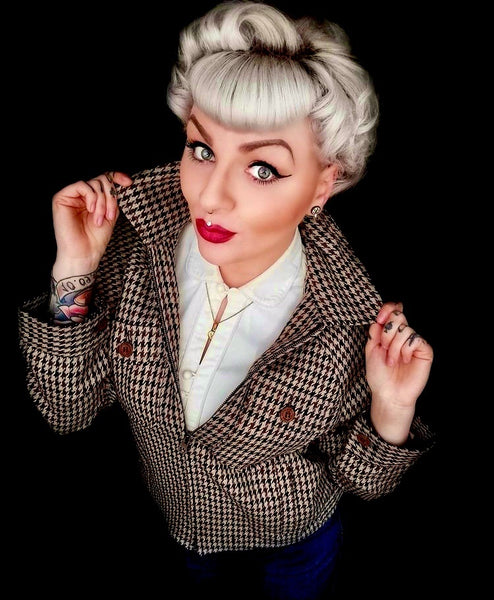 The "Bobby Jacket" in Woven Brown Houndstooth Lightweight Wool, Classic Rockabilly Style - True and authentic vintage style clothing, inspired by the Classic styles of CC41 , WW2 and the fun 1950s RocknRoll era, for everyday wear plus events like Goodwood Revival, Twinwood Festival and Viva Las Vegas Rockabilly Weekend Rock n Romance Rock n Romance