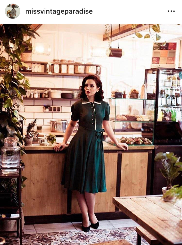 Mae" Tea Dress in Green with Cream Contrasts, Classic 1940s Inspired Rock n Romance Mae" Tea Dress in Green with Cream Contrasts, Classic 1940s Inspired Rock n Romance