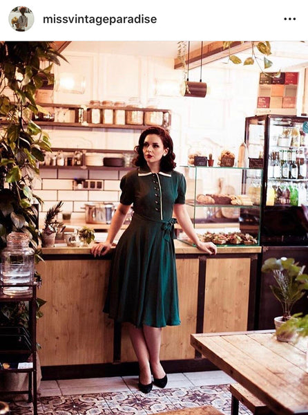 "Mae" Tea Dress in Green with Cream Contrasts, Classic 1940s Inspired Vintage Style - CC41, Goodwood Revival, Twinwood Festival, Viva Las Vegas Rockabilly Weekend Rock n Romance The Seamstress Of Bloomsbury
