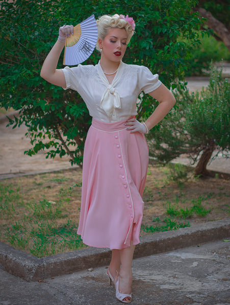 "Rita" Swing Skirt in Pink Blossom with Ivory Detailing, Classic 1940s Style - CC41, Goodwood Revival, Twinwood Festival, Viva Las Vegas Rockabilly Weekend Rock n Romance The Seamstress of Bloomsbury