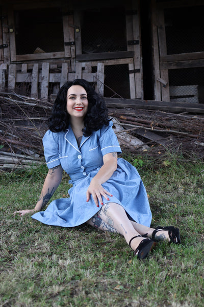 The "Kitty" Shirtwaister Dress in Lightweight Denim Cotton Chambray with Contrast Ric-Rac, True Late 40s Early 1950s Vintage Style - CC41, Goodwood Revival, Twinwood Festival, Viva Las Vegas Rockabilly Weekend Rock n Romance Rock n Romance