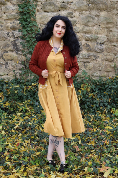The "Loopy-Lou" Shirtwaister Dress in Mustard with Contrast RicRac, True 1950s Vintage Style - True and authentic vintage style clothing, inspired by the Classic styles of CC41 , WW2 and the fun 1950s RocknRoll era, for everyday wear plus events like Goodwood Revival, Twinwood Festival and Viva Las Vegas Rockabilly Weekend Rock n Romance Rock n Romance