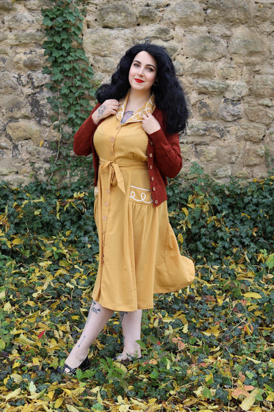 The "Loopy-Lou" Shirtwaister Dress in Mustard with Contrast RicRac, True 1950s Vintage Style - True and authentic vintage style clothing, inspired by the Classic styles of CC41 , WW2 and the fun 1950s RocknRoll era, for everyday wear plus events like Goodwood Revival, Twinwood Festival and Viva Las Vegas Rockabilly Weekend Rock n Romance Rock n Romance