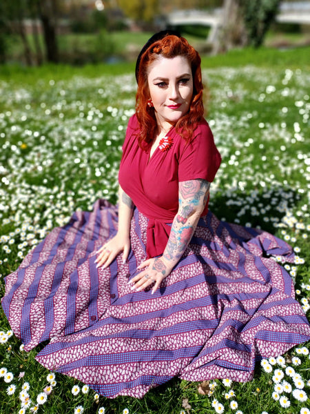 The "Beverly" Button Front Full Circle Skirt with Pockets in Dotty Deco Print, True 1950s Vintage Style