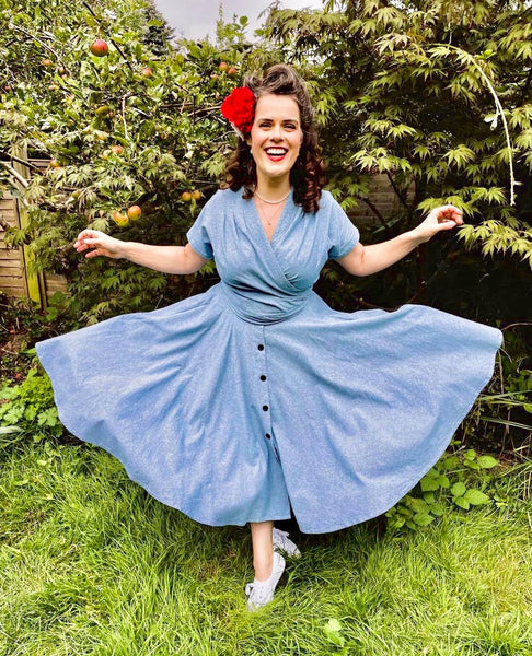 The "Beverly" Button Front Full Circle Skirt with Pockets in Lightweight Blue Denim, Cotton Chambray, True 1950s Vintage Style - CC41, Goodwood Revival, Twinwood Festival, Viva Las Vegas Rockabilly Weekend Rock n Romance Rock n Romance