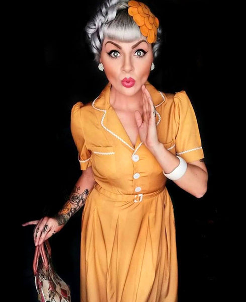 The "Kitty" Shirtwaister Dress in Mustard with Contrast Ric-Rac, True Late 40s Early 1950s Vintage Style - True and authentic vintage style clothing, inspired by the Classic styles of CC41 , WW2 and the fun 1950s RocknRoll era, for everyday wear plus events like Goodwood Revival, Twinwood Festival and Viva Las Vegas Rockabilly Weekend Rock n Romance Rock n Romance