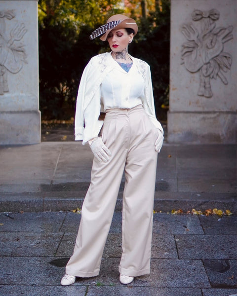 "Audrey" Tailored Trousers in Stone Perfectly Authentic 1940s Vintage Inspired Style - CC41, Goodwood Revival, Twinwood Festival, Viva Las Vegas Rockabilly Weekend Rock n Romance The Seamstress Of Bloomsbury
